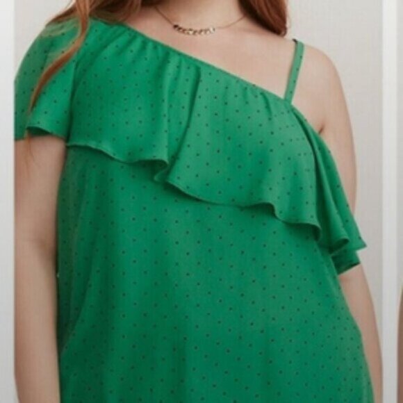 Torrid Polka Dot Georgette One Shoulder Top Green Size 1X Ruffle - Picture 1 of 13